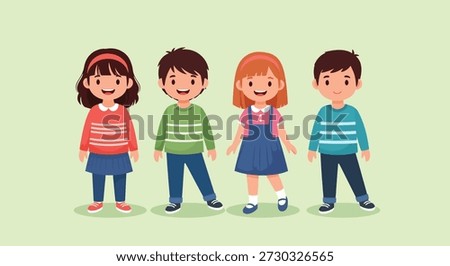 A diverse group of four young children, two boys and two girls, stand side by side in casual clothing.