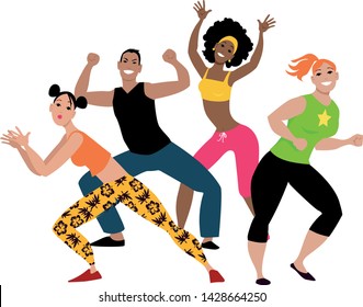 Diverse group of four young people doing aerobic dance workout, EPS 8 vector illustration	
