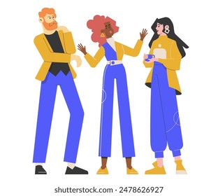 A diverse group of friends casually talking and interacting, reflecting a relaxed and informal atmosphere. Ideal for concepts related to casual meetings, socializing, and friendly interactions. Vector