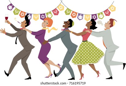 Diverse Group Of Friends Dancing Conga Line At Hanukkah Party, EPS 8 Vector Illustration