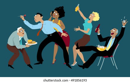 Diverse group of friends drinking and playing darts after work in a bar, EPS 8 vector illustration, no transparencies