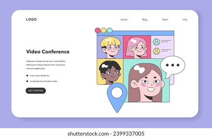 Diverse group of friends engages in an online chat platform, visualized with colorful avatars, profile details, and a message bubble. Location pin indicates a meetup. Flat vector illustration.