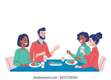 Um grupo diversificado de amigos gosta de uma refeição juntos, conversando e rindo em uma mesa de jantar em uma celebração de amizade e comunidade