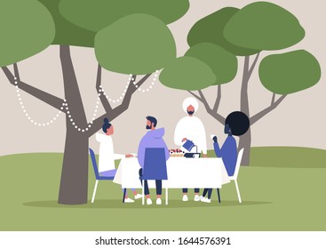 a diverse group of friends having lunch in nature, beautiful landscape, tea time