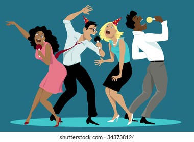 Diverse group of friends singing karaoke at a party, EPS 8 vector cartoon, no transparencies