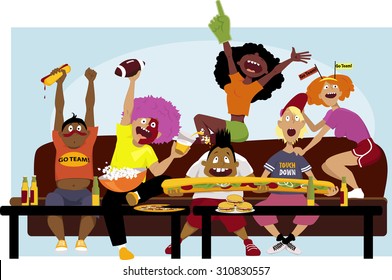 Diverse Group Of Friends Watching A Football Game On TV, Cheering, Eating And Drinking, Vector Illustration, No Transparencies, EPS 8