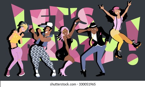 Diverse group of fun stylish young people dancing, Let's party! written in original font on the background, EPS8 vector illustration