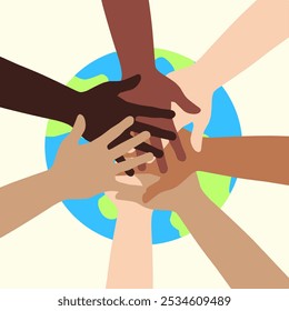 Um grupo diversificado de mãos colocadas juntas, simbolizando unidade e cooperação global sobre a Terra.