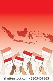 Diverse group of hands proudly holding and waving Indonesian national flags against a red gradient background featuring a silhouette of the Indonesian map. A patriotic illustration celebrating Indonesia's Independence Day (Hari Kemerdekaan) on August 17th, symbolizing unity in diversity, freedom, and national pride.