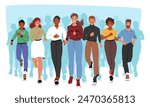 Diverse Group Of Happy Characters Running In Casual Attire, Front View. Cartoon Vector Illustration Capturing A Sense Of Movement And Togetherness, Concept Of Diversity, Friendship And Sports Activity