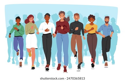 Diverse Group Of Happy Characters Running In Casual Attire, Front View. Cartoon Vector Illustration Capturing A Sense Of Movement And Togetherness, Concept Of Diversity, Friendship And Sports Activity