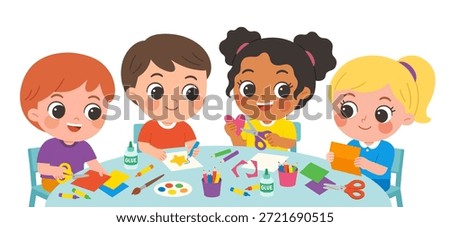Diverse group of happy children doing arts and crafts together at a classroom table, cutting paper and drawing with colorful supplies. 