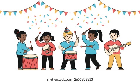 A diverse group of happy children enjoying a musical celebration with drums and guitar under festive bunting and falling confetti