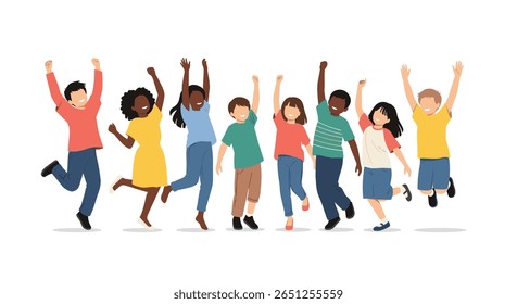 Diverse group of happy children jumping and celebrating together in joyful unity