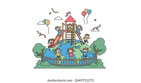 Diverse group of happy children playing together on a vibrant outdoor playground on a sunny day