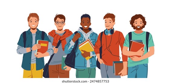 A diverse group of happy male students with books, multinational friends, education concept, back to school, on white background. Perfect for education, school, college, university