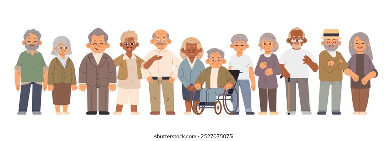 Grupo diverso de adultos mayores felices en fondo aislado. Comunidad de pensionistas modernos Ilustración vectorial plana