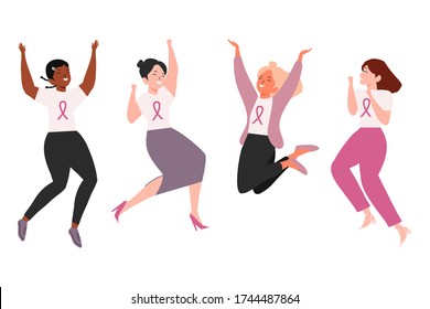 Diverse group of happy people jumping. Cheerful womens celebrating together. group of smiling womans dancing and jumping wearing blank shirts with pink breast cancer awareness ribbon