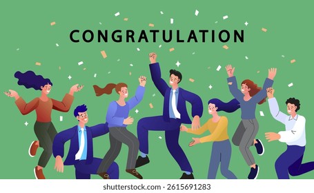 A diverse group of happy people jumping and celebrating success together. A vector illustration for a congratulation card, office party, or company event announcement.
