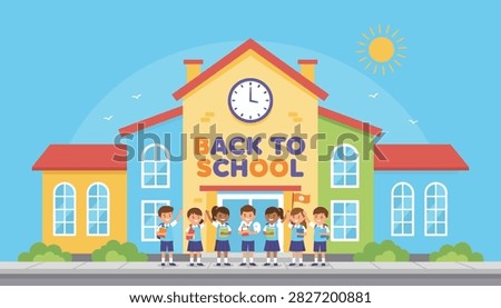 Diverse group of happy students standing in front of their school building on a sunny day during the exciting back to school season.