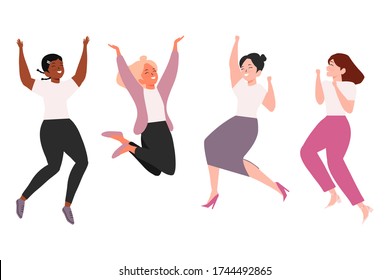 Diverse group of happy womens jumping. Cheerful multinational and multiracial women celebrating together. Flat vector winning characters collection