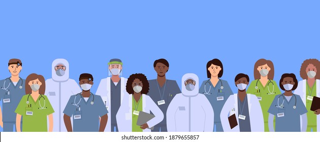 A diverse group of health care workers. Medical staff: doctors, nurses, laboratory technicians, surgeons, diagnosticians, therapists.
