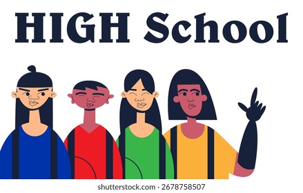 Grupo diverso de estudiantes de secundaria. Concepto de regreso a la escuela con adolescentes multiétnicos. Ilustración vectorial plana.