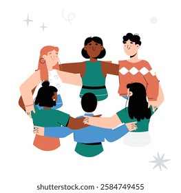 Diverse Group Hugging In A Circle In Flat Vector Illustration Symbolizing Teamwork, Community Support, Friendship, And Inclusivity, Isolated On White Background.