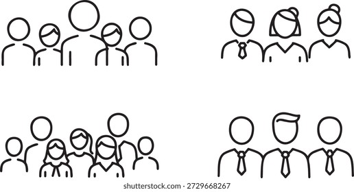 Conjunto de iconos de grupo diverso que muestra diferentes personas de negocios y multitudes en estilo de arte de línea simple que representa la comunidad de trabajo en equipo y Configuraciones profesionales con un minimalista limpio