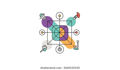 Diversos grupos de ícones fazem interseção com formas geométricas criando uma exibição de design colorida