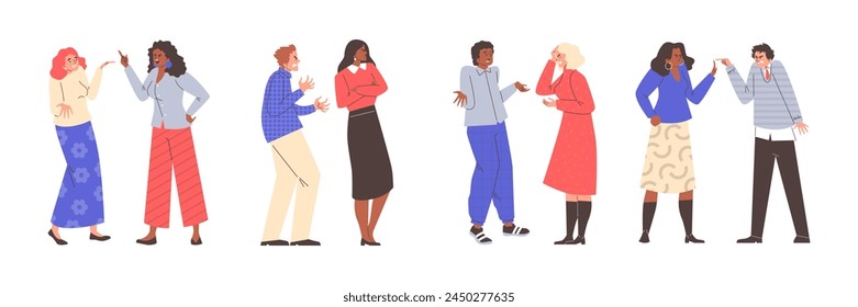 A diverse group of illustrated people engaged in animated discussions, featuring a modern, flat design style. Vector illustration set ideal for social or communication-themed content.