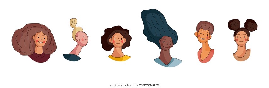 Diverse group of illustrated women showcasing various hairstyles and expressions