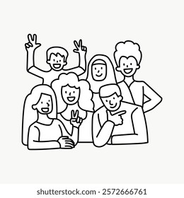 Diverse group illustration with men and women. Cartoon people smiling, showing peace signs. Group includes different ethnicities, men and women, happy and united. Doodle vector illustration isolated.