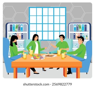 A diverse group of individuals engage in casual discussions while sitting in the office with food and drinks provided, a friendly atmosphere that encourages collaboration and teamwork.