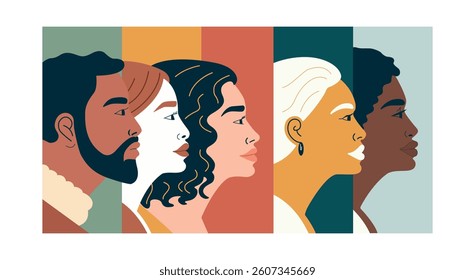Diverse group of individuals showcasing unique features and expressions in a colored background