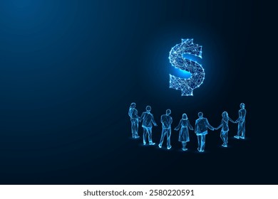 A diverse group of individuals stands together, holding hands unitedly in front of prominent dollar sign symbolizing wealth and prosperity. Futuristic concept. polygonal abstract vector illustration