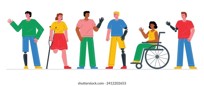 A diverse group of injured people. Representation of disability, possibilities of prostheses and treatment for further mobility.