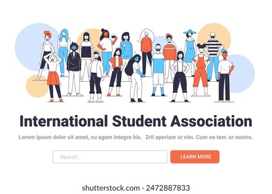 Diverse group of international students standing together with colorful abstract shapes in the background