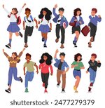 Diverse Group Of Joyful Kids Running In Different Outfits. Cartoon Vector Illustration Of Boys And Girls Characters For Back-to-school Themes, Childhood Joy, Youth Activities, And Friendship Concepts