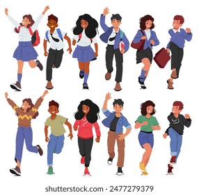 Diverse Group Of Joyful Kids Running In Different Outfits. Cartoon Vector Illustration Of Boys And Girls Characters For Back-to-school Themes, Childhood Joy, Youth Activities, And Friendship Concepts