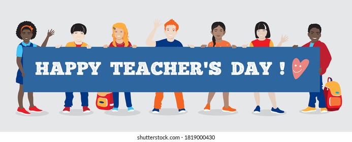 Diverse group of kids, boys and girls classmates, interracial school children stand together holding Happy teacher's Day banner. Greeting vector card, young students appreciation for best teacher