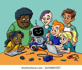 Diverse group of kids building and programming a robot together for STEM project