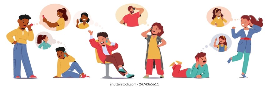 Diverse Group Of Kids Friends Engaged In Phone Conversations, Sharing Laughter And Joy. Cartoon Vector Illustration Depicts Social Connection, Friendship, Communication In A Lively And Colorful Style