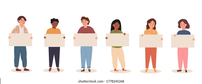 Diverse group of kids holding blank banner. Mix race multiethnic teenagers protesting. Children with placard. Colorful vector flat illustration. in cartoon style.