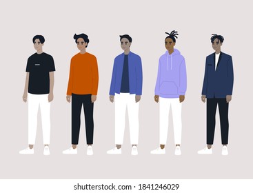 A diverse group of male characters: Asian, Arab, Caucasian, Black