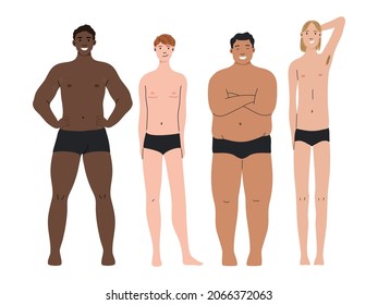 Diverse group of man of different nationalities and body types standing and smiling on a white background