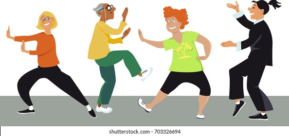 Diverse group of mature women doing tai chi exercises with an instructor, EPS 8 vector 