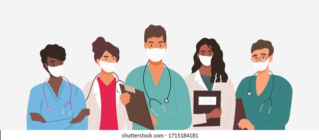 Diverse group of medics or health workers standing in a line wearing uniforms and face masks during the Covid-19 pandemic in a panorama banner, vector illustration