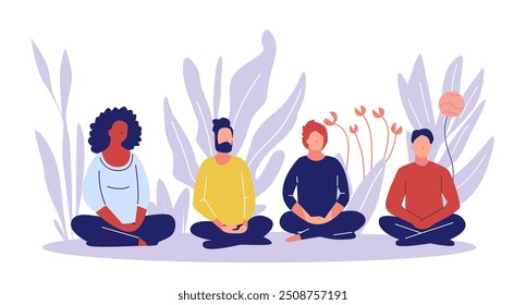 Diverse group meditation peaceful setting abstract plants sitting cross-legged colorful clothing