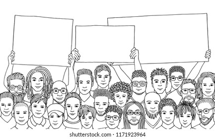 Diverse group of men holding empty signs - black and white illustration